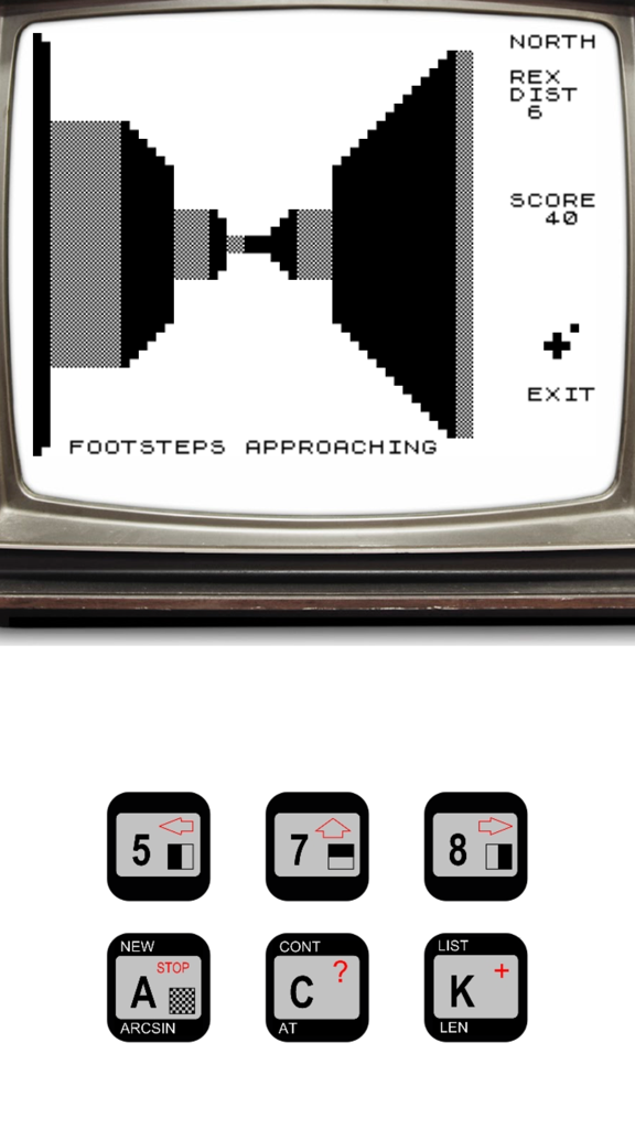 3D Monster Maze - Retro black and white 3D maze gameplay on a vintage TV screen with classic computer controls