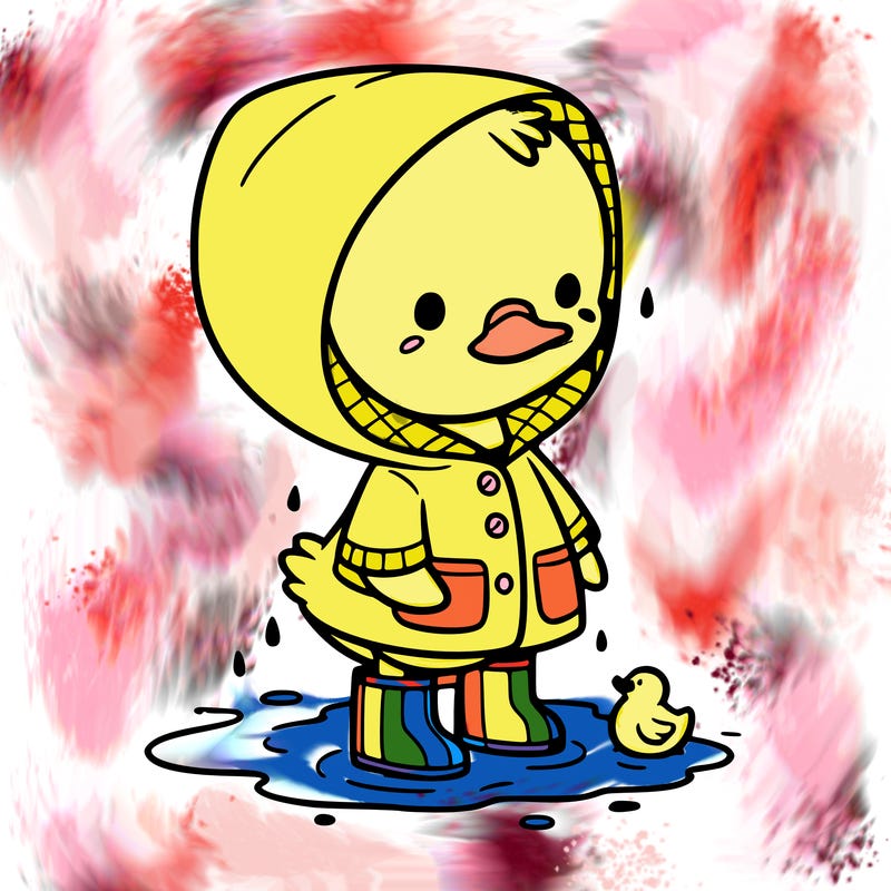 baby duck in a rain coat and boots, in a puddle while it’s raining