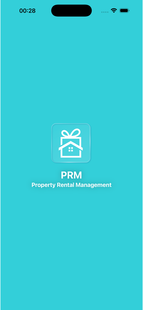 Property Rental Management - Ecrã de apresentação da aplicação Property Rental Management PRM com um logótipo de casa num fundo azul-petróleo