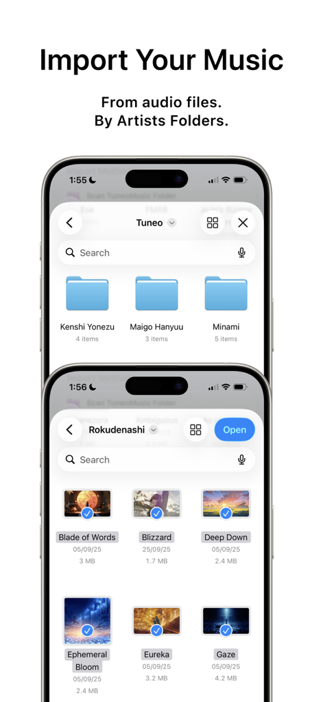 Tuneo: Offline Music Player - Interface mostrando como importar arquivos de música organizados por pastas de artistas no aplicativo Tuneo.