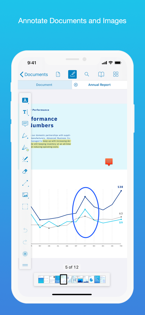 PDF Viewer by Nutrient - iPhone screenshot showing PDF Viewer app with annotation tools highlighting a line graph in an annual report document