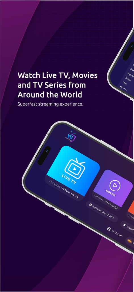 VU IPTV PLAYER mobile interface featuring Live TV and Movies categories for global streaming.