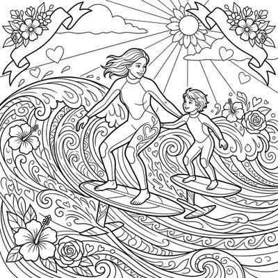 Celebrate Mother's Day with an exhilarating twist! This unique coloring page features a loving mother and child enjoying the thrill of foil surfing, surrounded by festive floral elements and decorative waves.