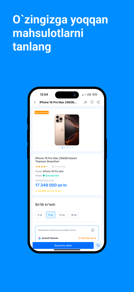 Asaxiy Market - Mobile app screen showing an iPhone 16 Pro Max product listing on Asaxiy Market with price and payment options
