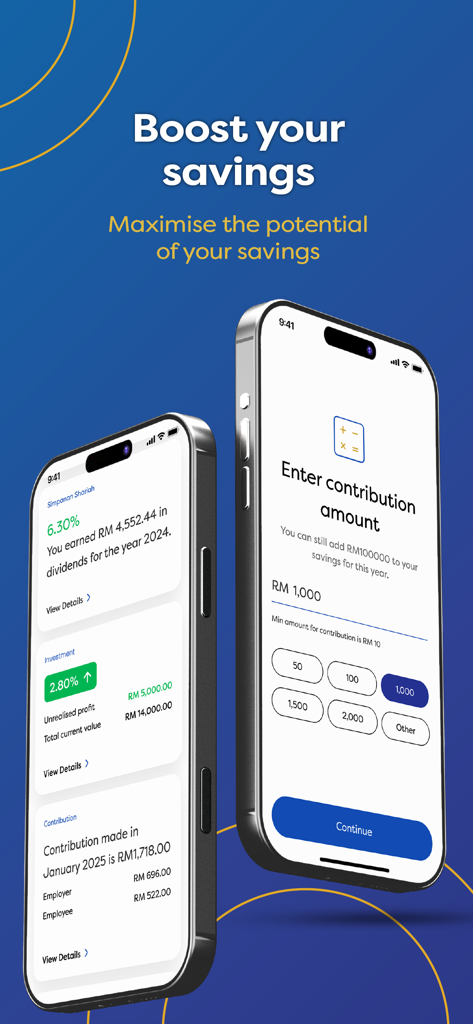 KWSP i-Akaun - Interfaz móvil de la aplicación KWSP i-Akaun que muestra el panel de ahorros de jubilación y la entrada del monto de la contribución.