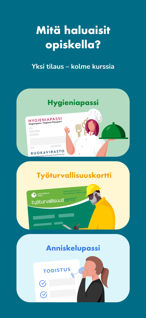 Trainify - Menú de la aplicación Trainify que muestra los cursos de certificación de Pase de Higiene, Tarjeta de Seguridad Ocupacional y Pase de Alcohol.