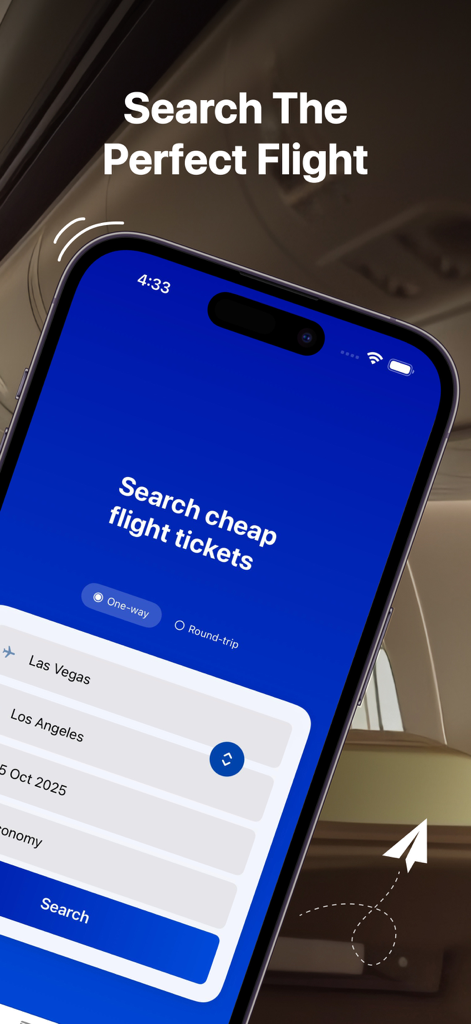 Un smartphone mostrando la pantalla de búsqueda de vuelos de la app Todas las Aerolíneas con opciones para reservar billetes de ida o de ida y vuelta.