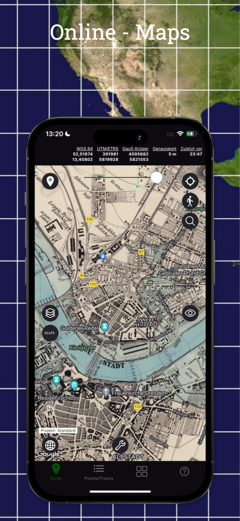 TopoRec - Map Viewer - Interface do aplicativo móvel TopoRec mostrando sobreposição de mapa histórico com rastreamento GPS e coordenadas