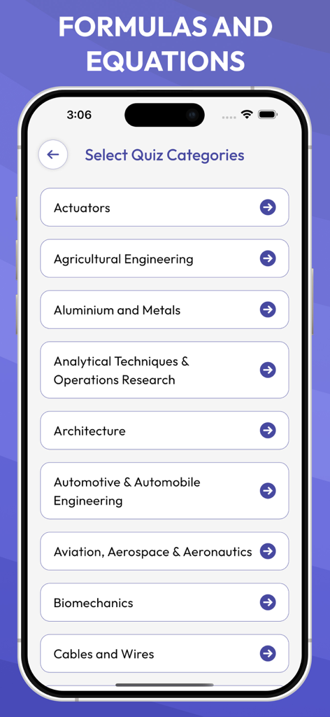 Basic Engineering Dictionary - Smartphone screen showing a list of engineering quiz categories including Actuators, Architecture, and Biomechanics.