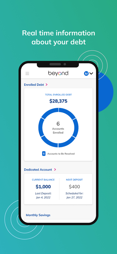 Beyond Finance - Beyond Finance mobile app screen displaying total enrolled debt and account details