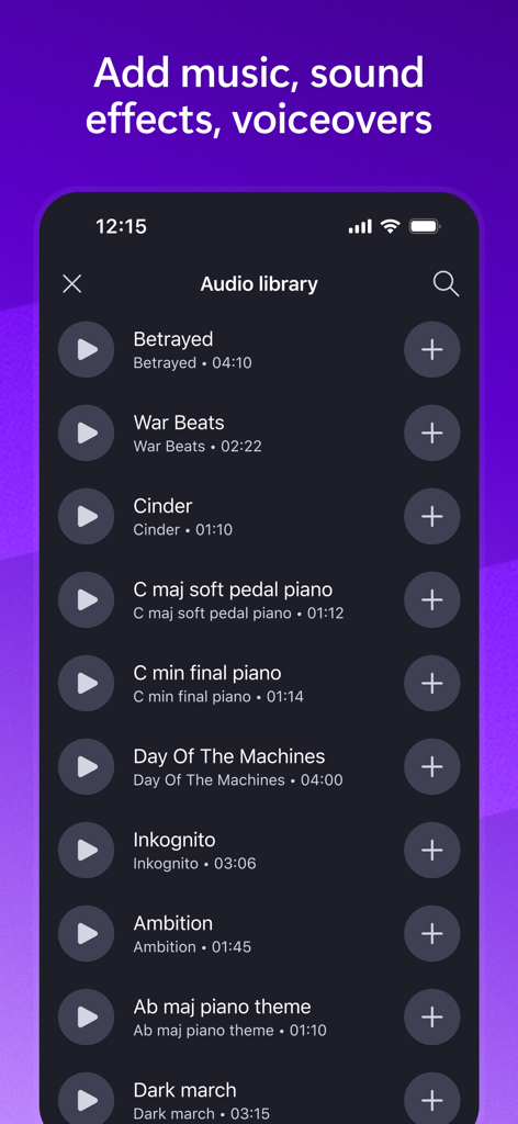 A mobile interface for the Microsoft Clipchamp audio library showing a list of music tracks with play and add buttons.