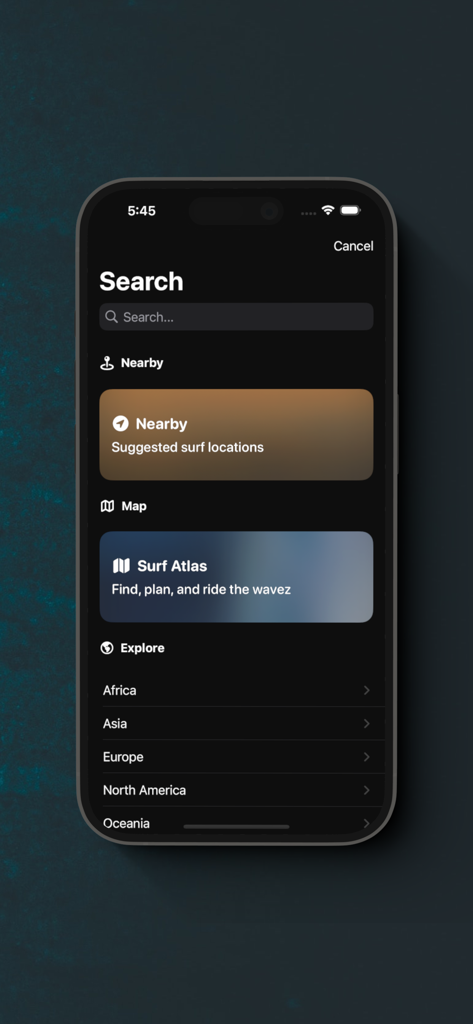 Écran de recherche de l'application Wavez Forecast montrant les options pour trouver des spots de surf à proximité et parcourir l'Atlas de Surf mondial par continent.