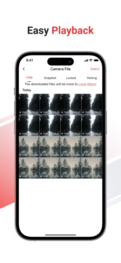 iPhone screen displaying the TERUNSOUL dash cam app video file management and easy playback interface