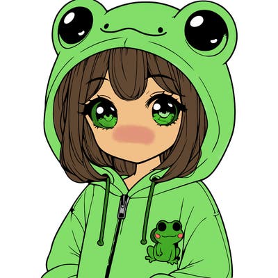 cute realistic girl in a froggy hoodie