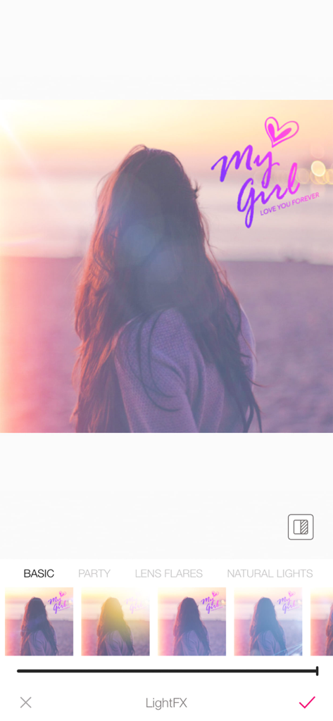 Picsee-Add text on photos - Picsee 앱 인터페이스에 석양 해변 사진에 조명 효과와 텍스트 오버레이가 표시된 모습