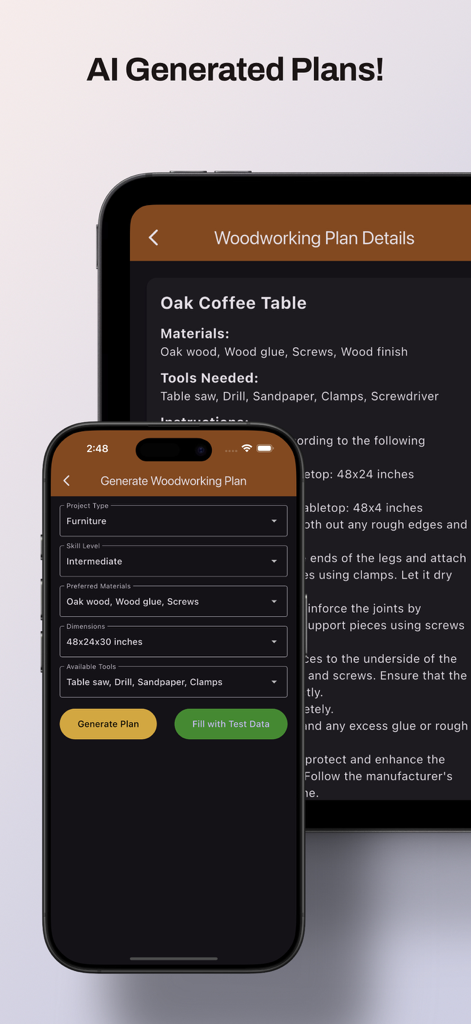 TimberTinker - A smartphone and tablet displaying the TimberTinker app interface for generating AI-powered woodworking plans.
