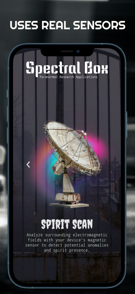 iPhone screen displaying the Spirit Scan feature of the Spirit Box Ghost Whispers app showing spectral energy detection