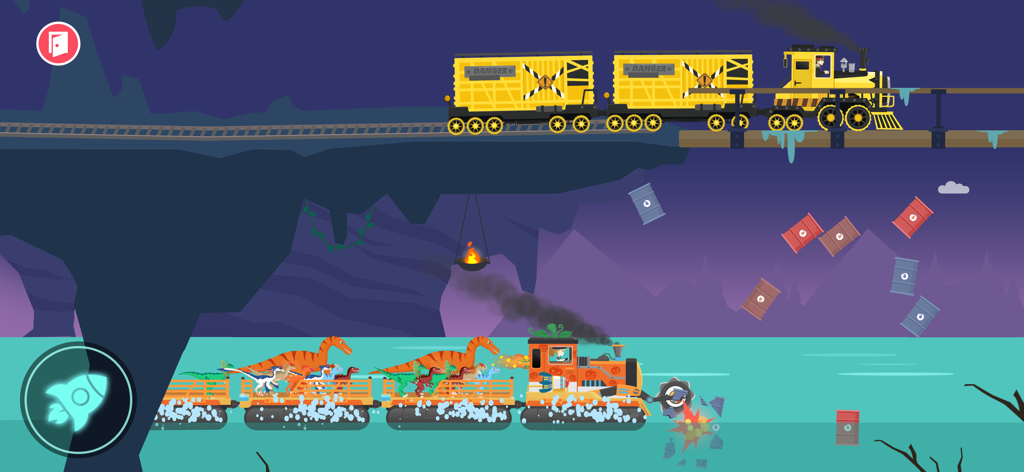 A rescue train carrying dinosaurs across water in a cave mission.