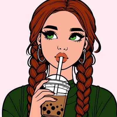 realistic girl with braided hair drinking boba