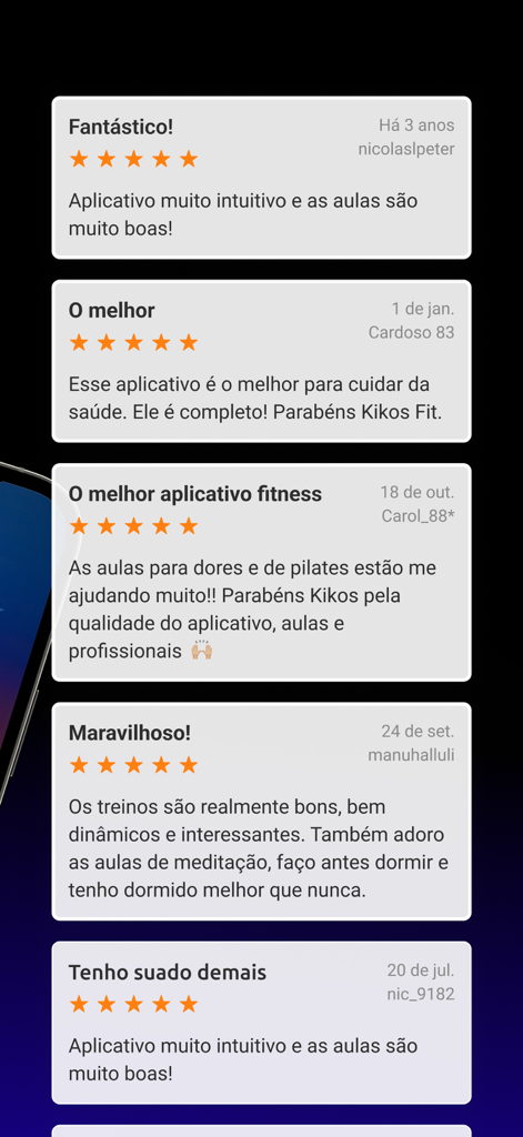 Kikos Fit - A display of positive five-star user reviews and testimonials for the Kikos Fit mobile app.