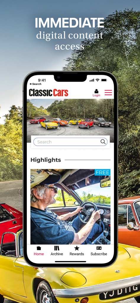 Classic Cars: Driving history - Classic Cars app home screen on a smartphone showing digital content access and classic vehicle articles