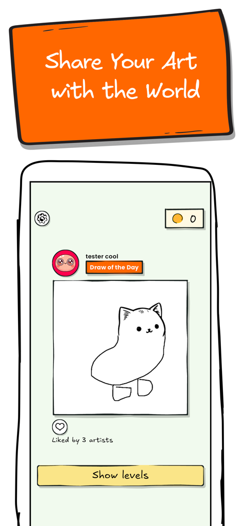 Captura de tela do aplicativo DrawIt apresentando um desenho de gato compartilhado por um usuário com um selo Desenho do Dia e curtidas de outros artistas.