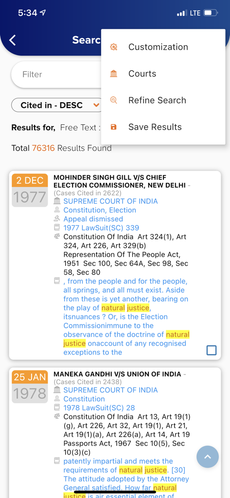Lawsuit The Unique Case Finder - Search results interface of Lawsuit app displaying Indian Supreme Court cases and legal search filters