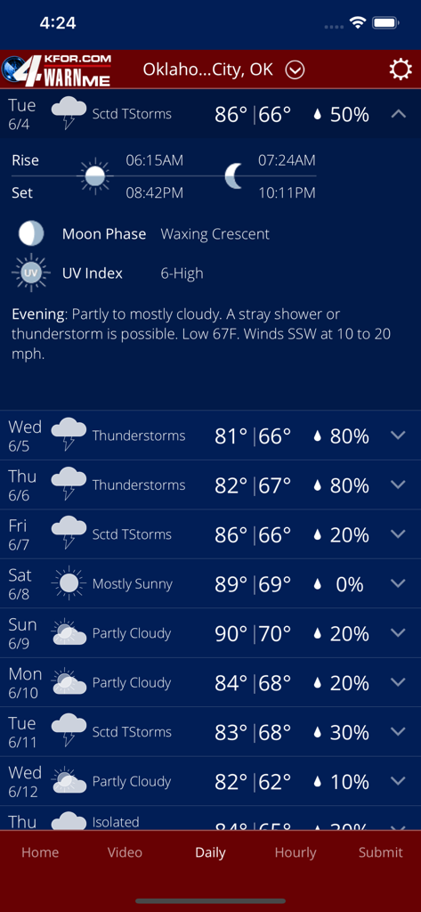 4WarnMe - Daily weather forecast for Oklahoma City on the 4WarnMe mobile app