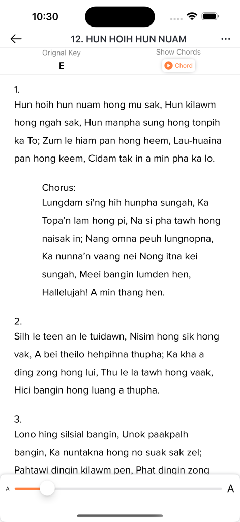 ZomiVerse - ZomiVerse app interface showing religious song lyrics with music chord options and text size adjustment