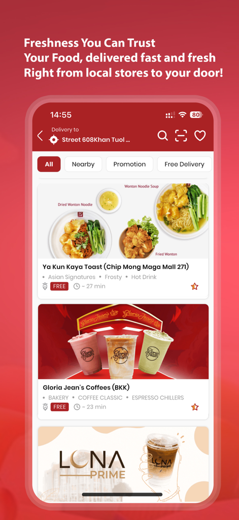 Red Ant Express - Red Ant Express mobile app interface showing food delivery options from local stores in Cambodia like Ya Kun Kaya Toast and Gloria Jean's Coffees.