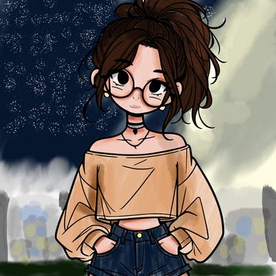 girl with a messy ponytail glasses a baggy crop top and jean shorts