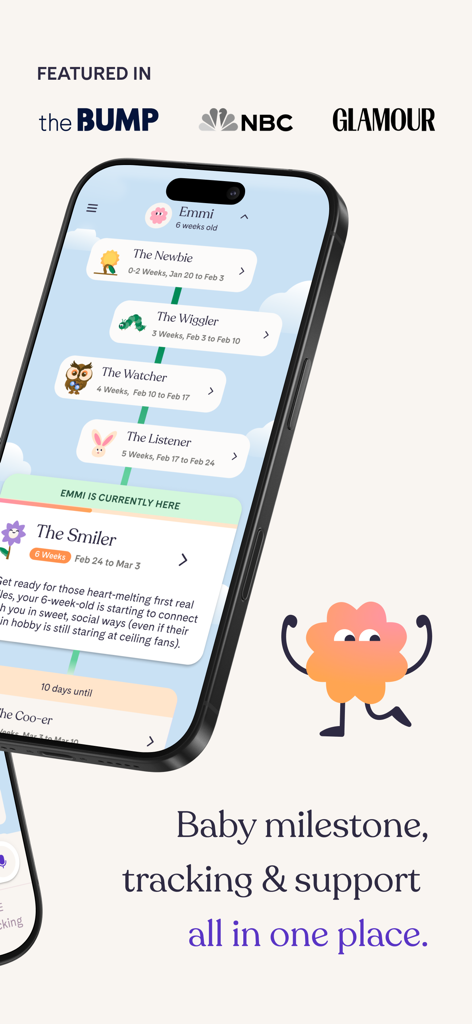 Riley: Baby Development Coach - Interfaccia dell'app Riley che mostra una storia cronologica delle tappe fondamentali dello sviluppo del bambino con loghi di consulenza esperta