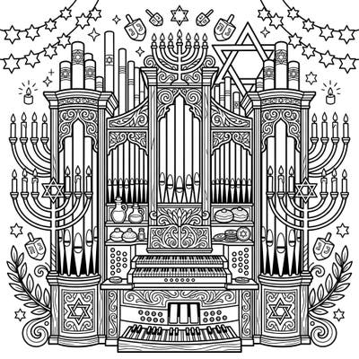 Immerse yourself in the holiday spirit with this unique Hanukkah pipe organ coloring page. This intricate design beautifully blends musical grandeur with traditional Jewish symbols, offering a rewarding artistic challenge.