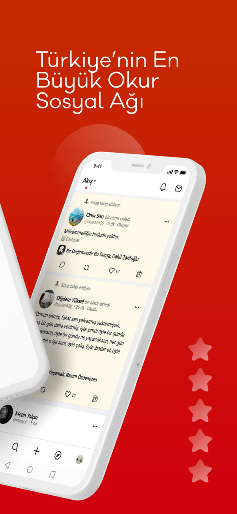 Interface of the 1000Kitap app showing a social feed for readers with book quotes and user interactions