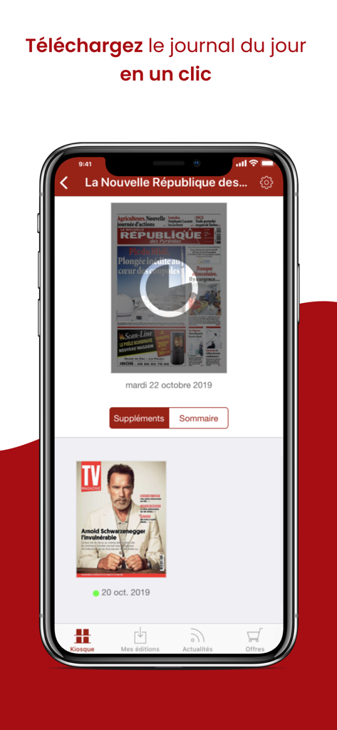 Interface iPhone de l'application Journal La NR des Pyrénées montrant l'écran de téléchargement du journal et le supplément magazine TV.
