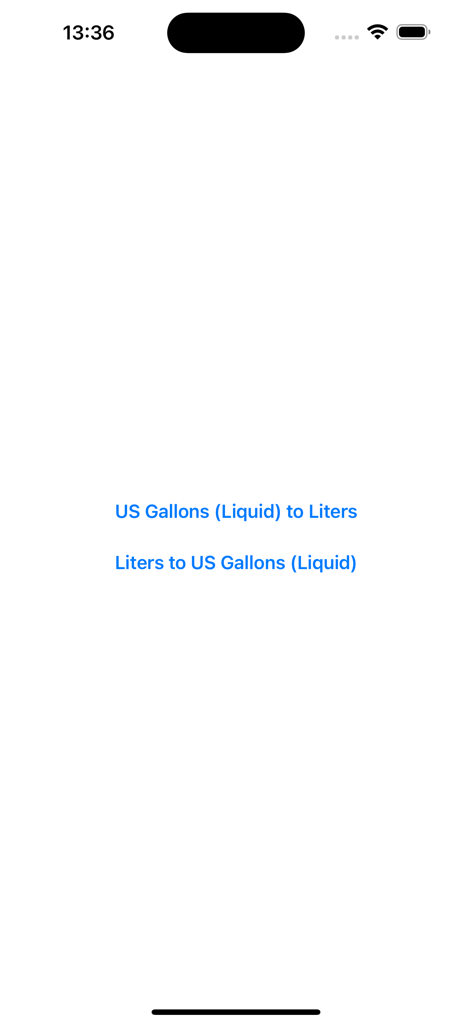 Gallons and Liters - Una semplice schermata dell'app che mostra le opzioni per convertire galloni USA in litri o litri in galloni USA.