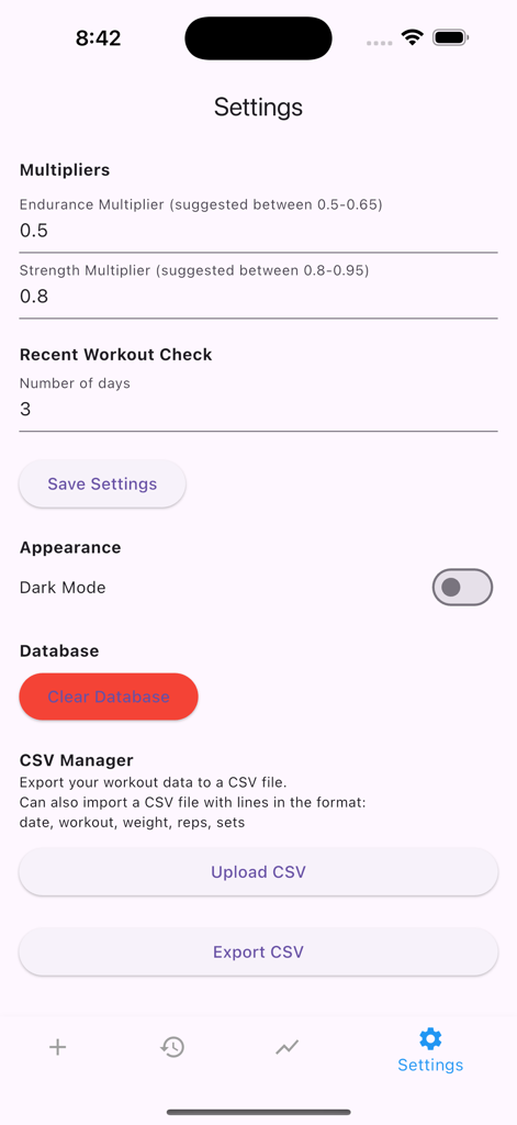 Settings screen of the Simply Workout Tracking app showing data management and appearance options.