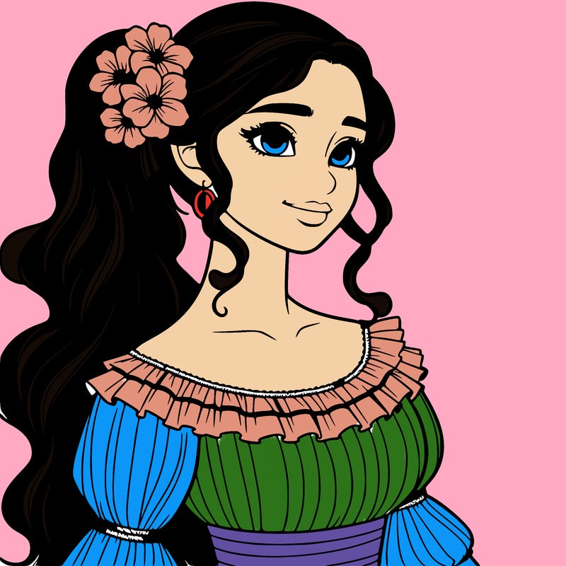 a single latina woman with a side ponytail and a long dress with ruffles. she has a few discreet flowers in her hair. realistic