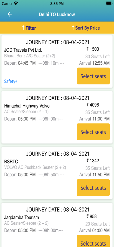 A list of bus ticket search results in the IRCTC Tourism app for the Delhi to Lucknow route.