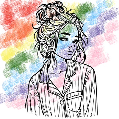 realistic woman with pajamas on and a messy bun