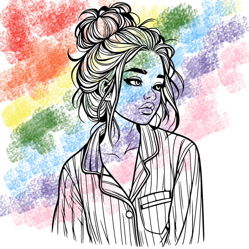 realistic woman with pajamas on and a messy bun