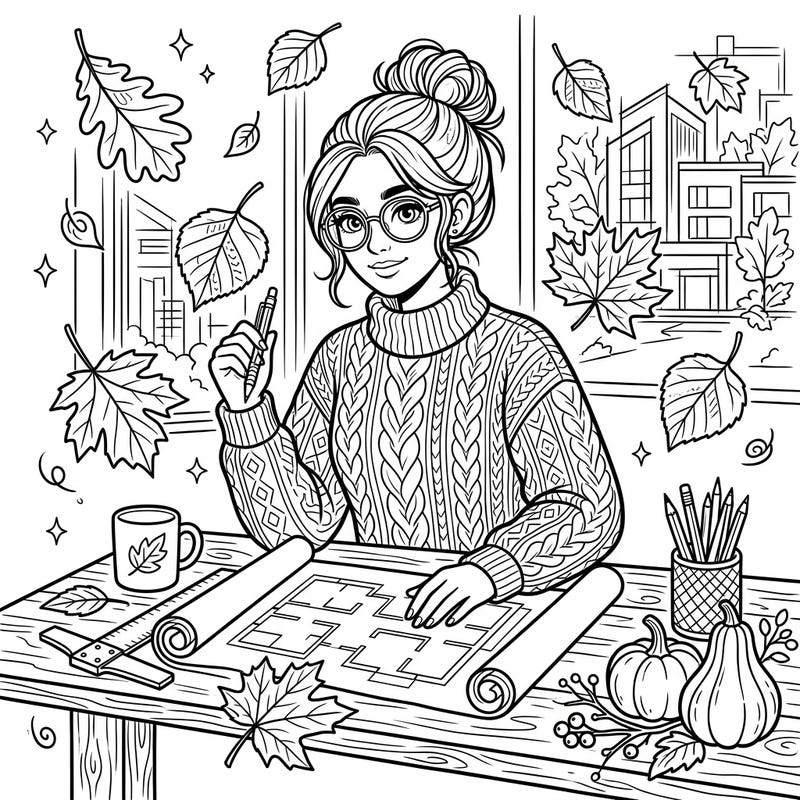 Immerse yourself in the world of architectural design with this charming autumn-themed coloring page. A cozy architect works on blueprints, surrounded by the beauty of the fall season, inviting you to add your unique palette.