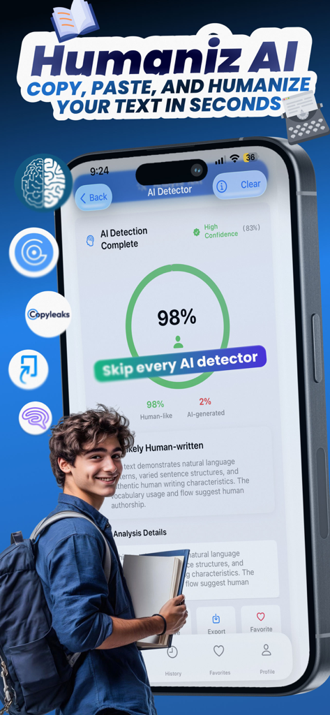 Interfaz de la aplicación Justdone AI Detector en iPhone mostrando una puntuación de 98 por ciento de escritura humana y un estudiante con libros