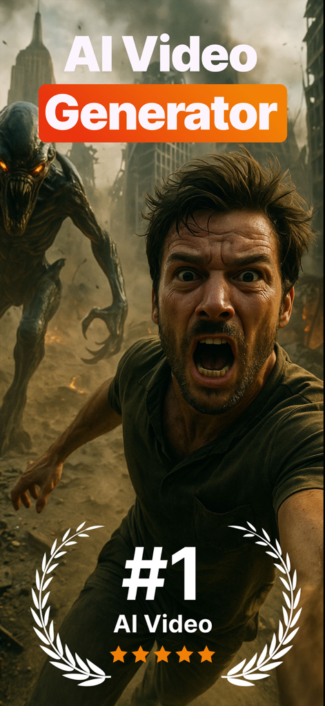 Uma cena de ação cinematográfica gerada pelo Hedra AI com um homem correndo de um monstro em uma cidade pós-apocalíptica.