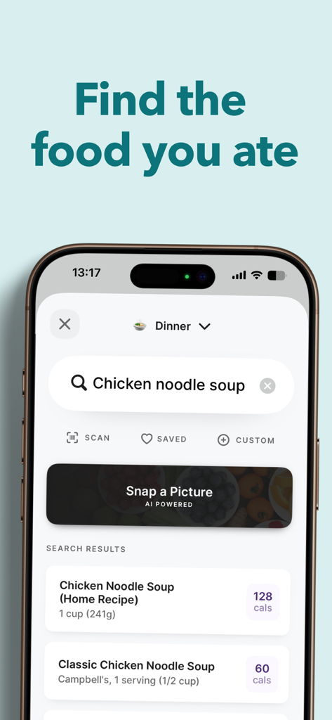 Cals: Lose Weight - Minimalist food search interface in the Cals app showing calorie results for chicken noodle soup.