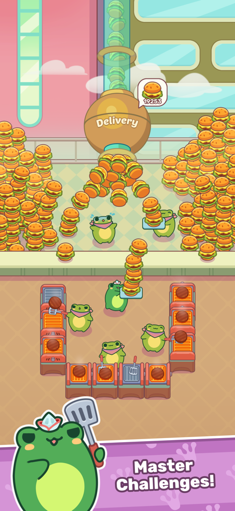 Frogs Kitchen - Cute frog characters grilling and stacking burgers in a kitchen tycoon game