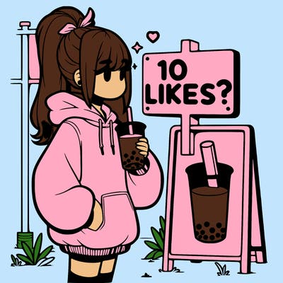girl with oversized hoodie drinking boba and she has a high ponytail with a sign that says 10likes?