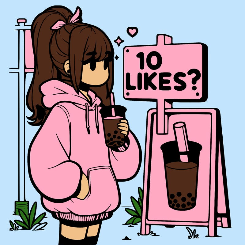 girl with oversized hoodie drinking boba and she has a high ponytail with a sign that says 10likes?