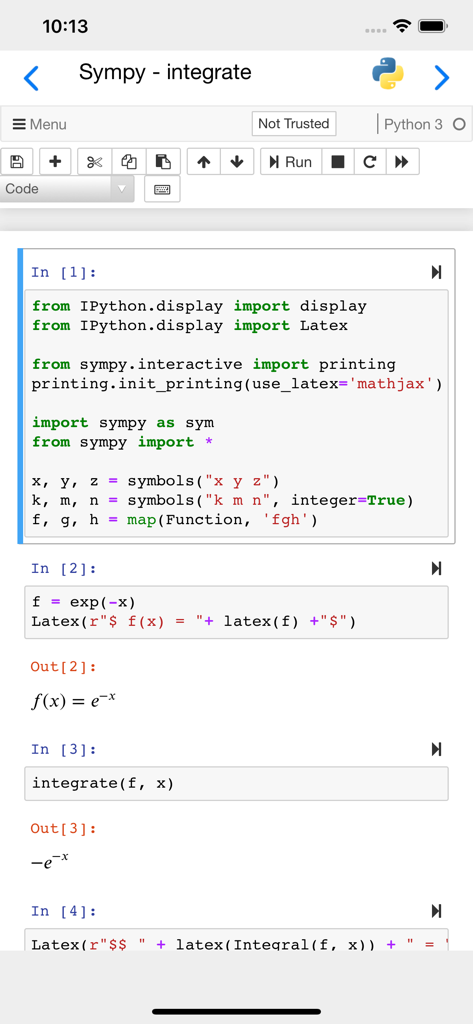 A mobile interface of the Carnets Jupyter app showing Python code for mathematical integration using Sympy with LaTeX rendered results.