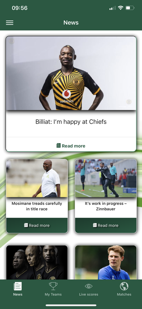 FARPost - Pantalla de noticias de la app FARPost con artículos y titulares de fútbol sudafricano